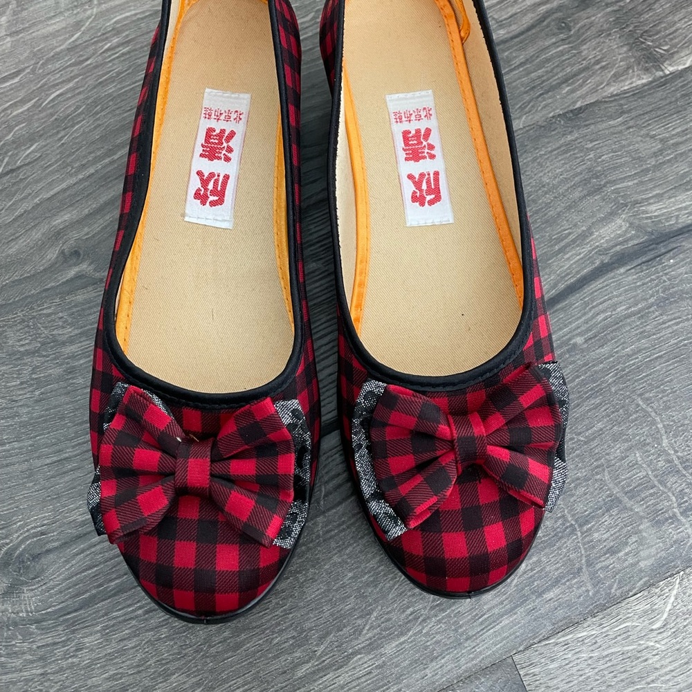 Red & Black Gingham Check Buffalo Plaid Bow Wedge Heel Shoes - Size 7
